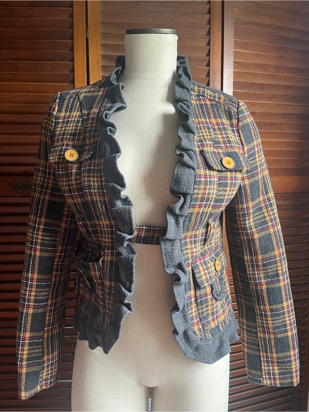 Dollhouse Plaid Ruffle-Trim Blazer in Charcoal, Mustard & Red